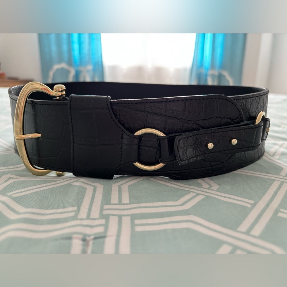 Black Croc-Embossed Wide Leather Belt with Gold Hardware